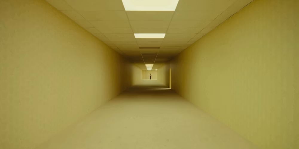 Distant figure down a long hallway.