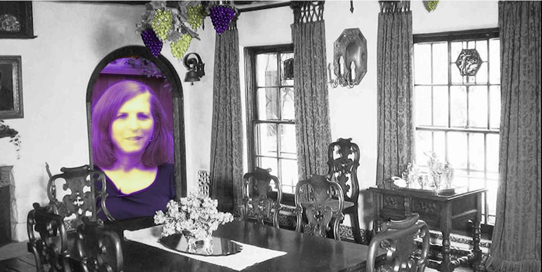 Blum superimposed, giant-size over an old black-and-white photo of a dining room.