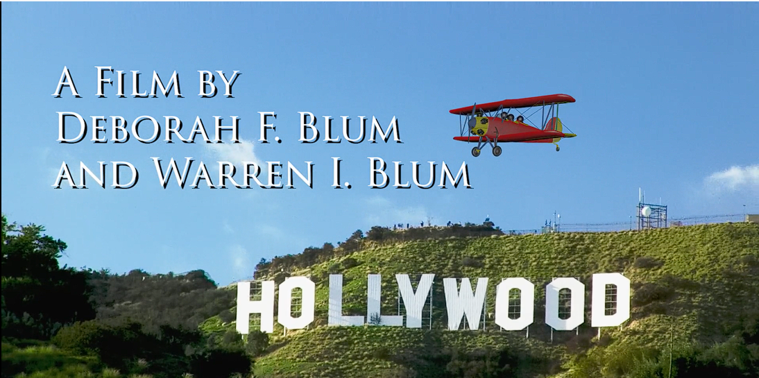 A clip-art biplane over the "Hollywood" sign.