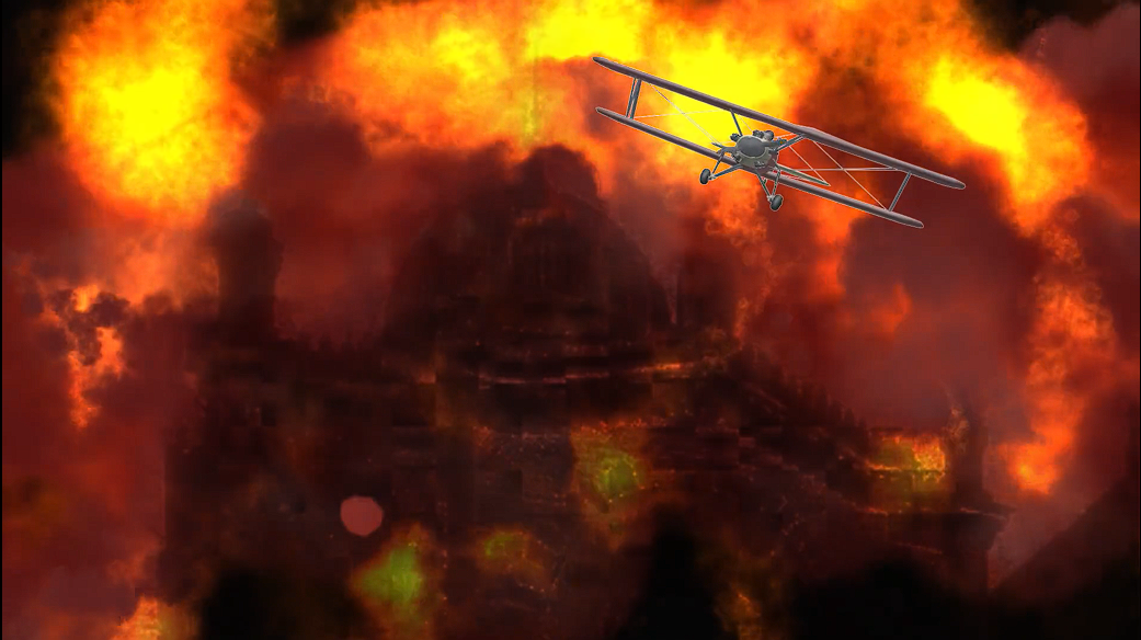 Clip-art biplane emerging from fire.